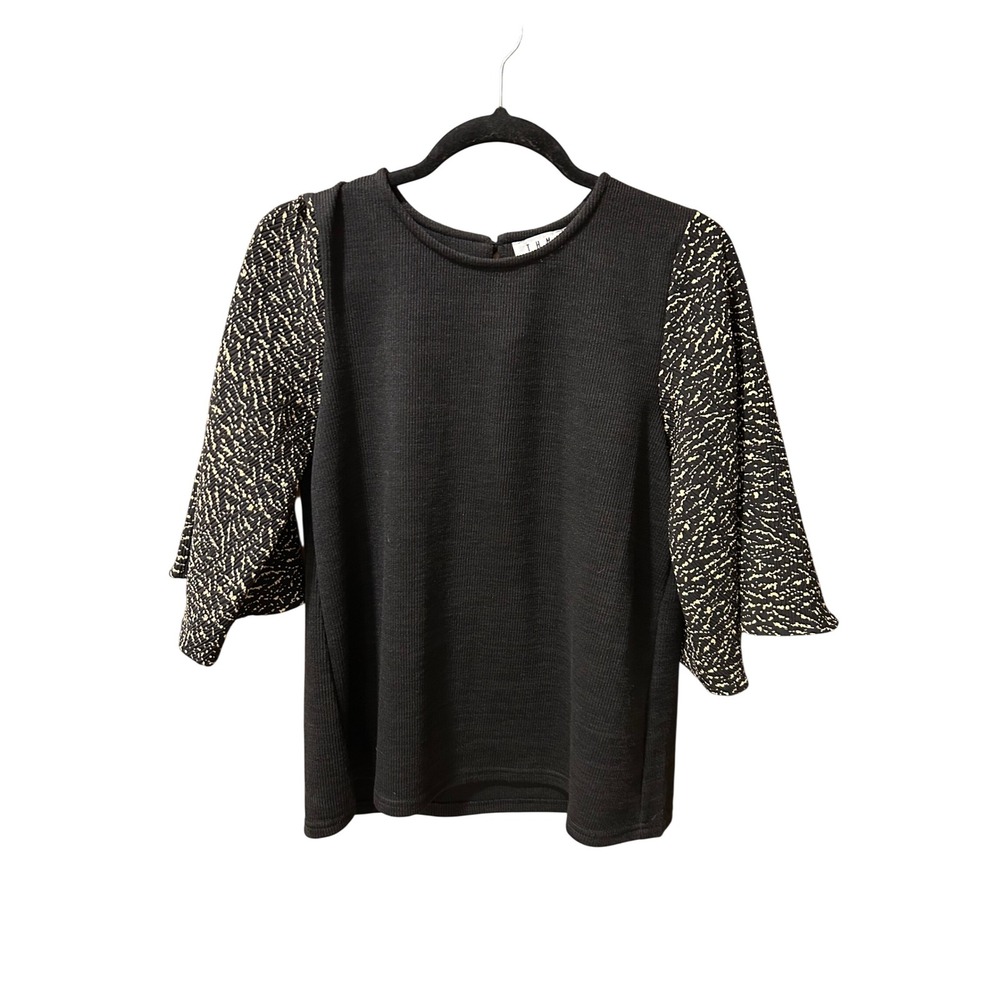 THML Mixed Media Ribbed Knit Top Black Contrast Bell Sleeve Blouse M